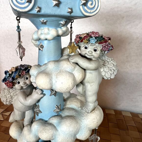 DREAMSICLES 7”Cherubs Candlesticks X2 BY DANBURY MINT Baby Blue w/ Stars Clouds - Picture 5 of 16